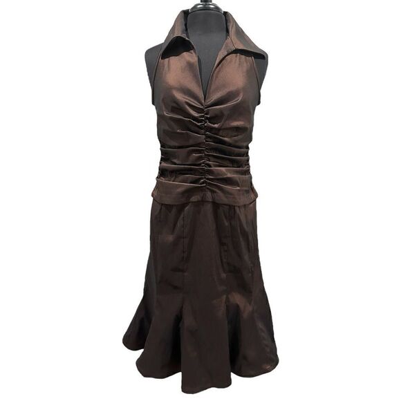 Tadashi Collection Brown Taffeta Ruched Waist Sleeveless Midi Dress Sz 10 - Picture 1 of 13